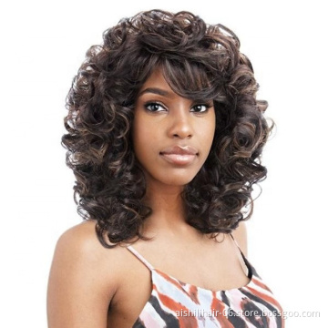 wholesale black loose kinky curly hiar synthetic wigs with mixed bloned hair for women